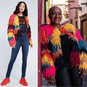 Alice and Olivia Fawn Rainbow Fringe Colorblock Jacket Size L NWT